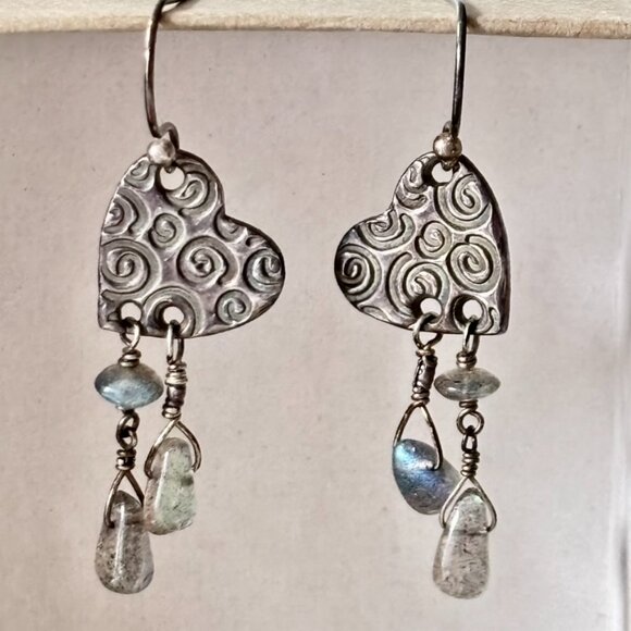 Handmade Earrings Silver Heart with Dangling Tiny Polished Stones - Picture 2 of 6